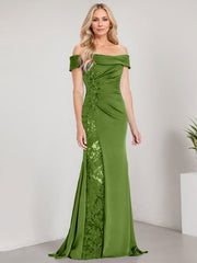 A-Line Off the Shoulder Floor-Length Chiffon Mother of the Bride Dress Applique Beadings Mermaid Dress With  High Split