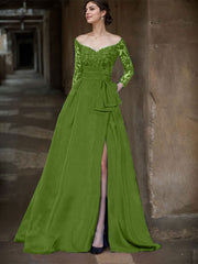 A-Line Off-The-Shoulder 3/4 Sleeves Sweep Train Lace/Satin Mother Of The Bride Dresses With Split Front