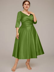 A-line V-Neck Tea-Length Satin Mother of the Bride Dress With Pleated