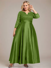 A-line V-Neck Ankle-Length Lace Satin Mother of the Bride Dress With Rhinestone