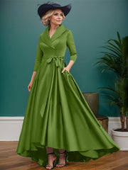 A-Line V-Neck 3/4 Sleeves Satin Mother Of The Bride Dresses With Pockets