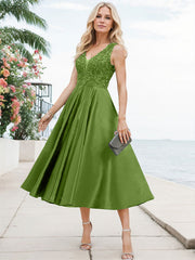 A-Line V-Neck Sleeveless Tea-Length Satin Mother Of The Bride Dresses With Lace