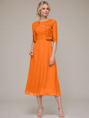 A-line/Princess Scoop Tea-Length Chiffon Mother of the Bride Dress With Lace Jacket