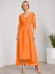 A-line V-Neck Asymmetrical Chiffon Lace Mother of the Bride Dress With Pleated Beading