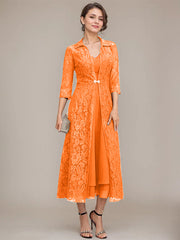 A-line V-Neck Tea-Length Chiffon Mother of the Bride Dress