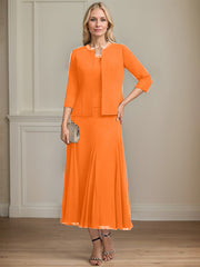 Separates A-line Scoop Tea-Length Chiffon Mother of the Bride Dress With Sequins Beading