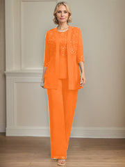 Jumpsuit/Pantsuit Separates Scoop Floor-Length Chiffon Lace Mother of the Bride Dress With Sequins