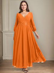 A-line V-Neck Ankle-Length Lace Chiffon Mother of the Bride Dress With Sequins