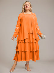 A-line Scoop Tea-Length Chiffon Mother of the Bride Dress With Cascading Ruffles