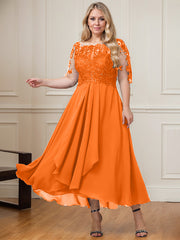 A-line Boat Neck Illusion Asymmetrical Lace Chiffon Mother of the Bride Dress With Cascading Ruffles Sequins