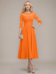 A-line Scoop Illusion Tea-Length Chiffon Lace Mother of the Bride Dress With Sequins Beading