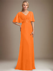A-line V-Neck Floor-Length Chiffon Mother of the Bride Dress With Sequins Appliques Lace Pleated