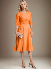 A-line Scoop Knee-Length Lace Chiffon Mother of the Bride Dress