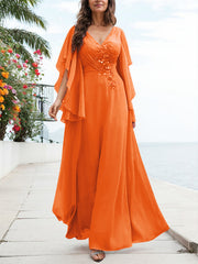A-Line V-Neck Floor-Length Chiffon Mother Of The Bride Dresses With Appliques Lace