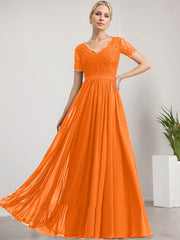 A-line V-Neck Floor-Length Lace Chiffon Mother of the Bride Dress