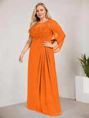 A-line Scoop Illusion Floor-Length Lace Chiffon Mother of the Bride Dress With Sequins Pleated