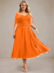 A-line Scoop Illusion Tea-Length Lace Chiffon Mother of the Bride Dress With Sequins