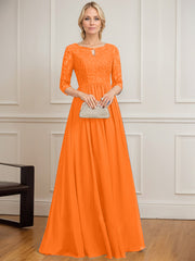 A-line Scoop Floor-Length Lace Chiffon Mother of the Bride Dress With Crystal Brooch Sequins