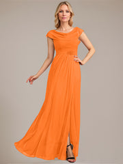 A-line Scoop Floor-Length Mesh Mother of the Bride Dress With Pleated Beading