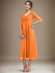 A-line V-Neck Tea-Length Chiffon Lace Mother of the Bride Dress With Beading