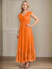A-line V-Neck Ankle-Length Chiffon Mother of the Bride Dress With Bow Sequins Appliques Lace