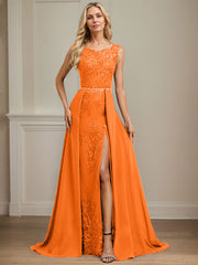 Sheath/Column Scoop Illusion Floor-Length Detachable Chiffon Lace Mother of the Bride Dress With Sequins Beading