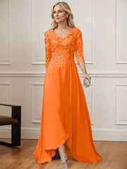 A-Line V-Neck 3/4 Sleeves Chiffon Mother Of The Bride Dresses With Lace