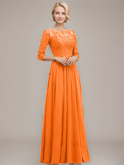 A-line Boat Neck Illusion Floor-Length Chiffon Lace Mother of the Bride Dress With Sequins Beading