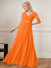 A-Line Floor-Length V-Neck Lace Chiffon Mother of the Bride Dress