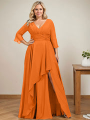 A-line V-Neck Floor-Length Chiffon Mother of the Bride Dress With Cascading Ruffles