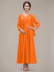 A-line V-Neck Ankle-Length Chiffon Mother of the Bride Dress With Sequins Appliques Lace Beading
