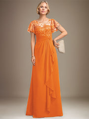 A-line Asymmetrical Illusion Floor-Length Lace Chiffon Mother of the Bride Dress With Cascading Ruffles Sequins
