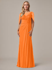 A-Line Floor-Length Boat-Neck Lace Capelet Chiffon Mother of the Bride Dress