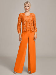 Silver Chiffon Pant and Lace Top Mother of The Bride Wide Pant Suits