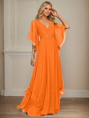 A-line V-Neck Floor-Length Chiffon Mother of the Bride Dress With Sequins Appliques Lace Beading