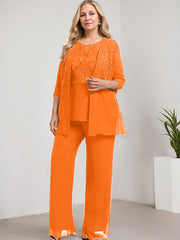 Separates Pantsuit Scoop Floor-Length Lace Chiffon Mother of the Bride Dress With Sequins
