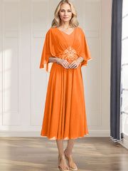 A-line V-Neck Tea-Length Chiffon Mother of the Bride Dress With Pleated Sequins Appliques Lace Beadind