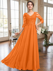 A-line V-Neck Floor-Length Lace Chiffon Mother of the Bride Dress With Sequins