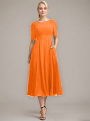 A-line Scoop Tea-Length Chiffon Mother of the Bride Dress With Appliques Lace Sequins