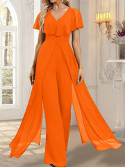 Jumpsuit/Pantsuit V-Neck Floor-Length Chiffon Evening Dress