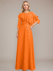 A-line Scoop Illusion Floor-Length Chiffon Lace Mother of the Bride Dress With Ruffle Sequins Beading