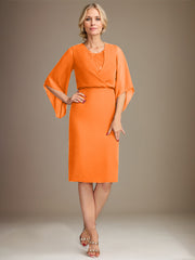 Sheath/Column V-Neck Knee-Length Lace Chiffon Mother of the Bride Dress With Sequins