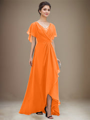 A-line V-Neck Asymmetrical Chiffon Mother of the Bride Dress With Sequins Beading Cascading Ruffles