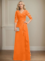 A-line Collared V-Neck Floor-Length Lace Chiffon Mother of the Bride Dress With Sequins Cascading Ruffles