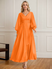 A-line V-Neck Ankle-Length Chiffon Mother of the Bride Dress With Cascading Ruffles Beading Sequins