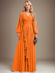 A-line Cold Shoulder V-Neck Floor-Length Chiffon Mother of the Bride Dress With Cascading Ruffles Beading