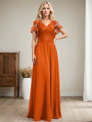 A-line V-Neck Floor-Length Lace Chiffon Mother of the Bride Dress With Sequins