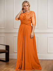 A-line Scoop Illusion Floor-Length Chiffon Lace Mother of the Bride Dress With Pleated Sequins Beading