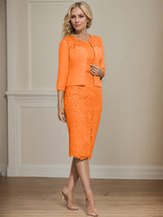 Sheath/Column Scoop Knee-Length Chiffon Lace Mother of the Bride Dress With Beading