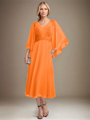 A-line V-Neck Tea-Length Chiffon Lace Mother of the Bride Dress With Sequins Beading